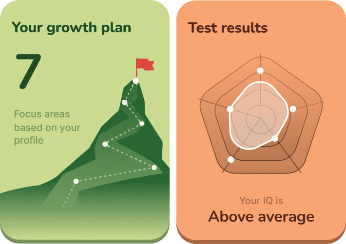 Schede del piano di crescita e del risultato del test IQ nell'app Brightmind Pro