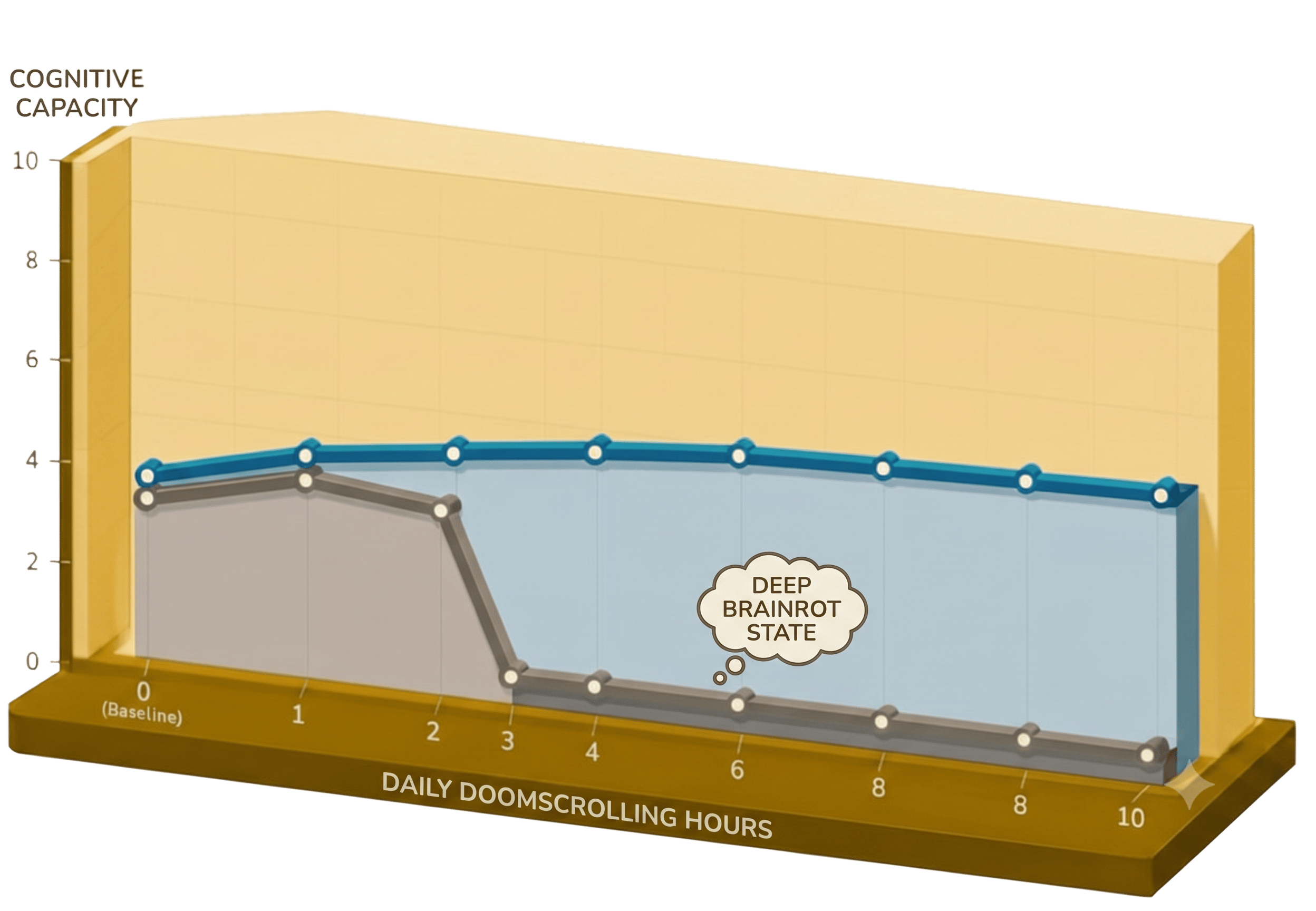 3D chart showing cognitive capacity collapsing into a deep brainrot state as daily doomscrolling hours rise